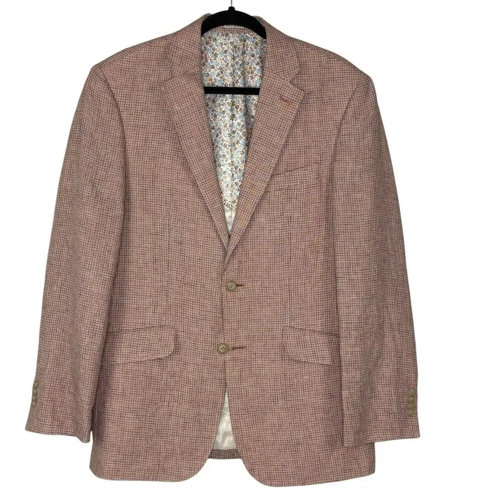 JOSEPH ABBOUD Sport Coat Linen Red Blue Micro Check 38R